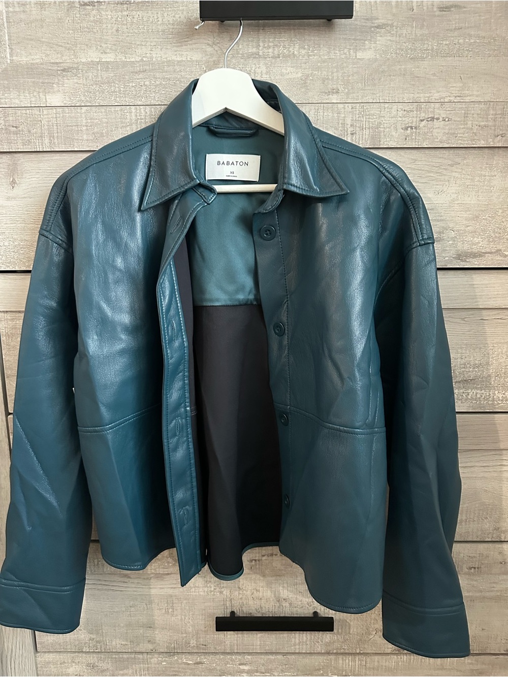 Babaton Teal Button-Front Leather Shirt Jacket